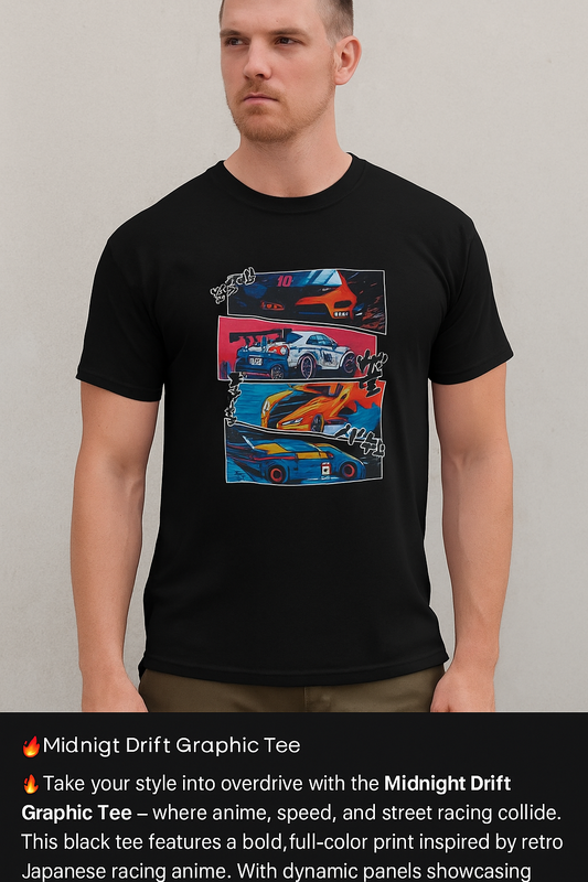 midnight drift shirt, anime car t-shirt, JDM streetwear, racing anime tee, Tokyo drift shirt, black anime graphic tee, retro Japanese car shirt, street racing t-shirt, initial D style tee, manga racing t-shirt, fast car anime shirt, men's JDM shirt, comic panel t-shirt, car enthusiast apparel, drift culture fashion