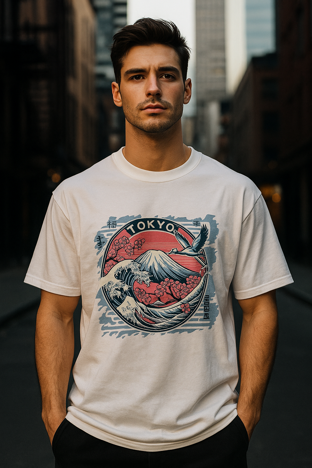 Tokyo t-shirt, Japanese graphic tee, Mount Fuji shirt, The Great Wave tee, cherry blossom t-shirt, Japan streetwear, Tokyo street style, crane bird shirt, Asian art t-shirt, white aesthetic tee, men’s graphic t-shirt, Japan travel shirt, urban fashion Tokyo, artsy tee, modern ukiyo-e shirt